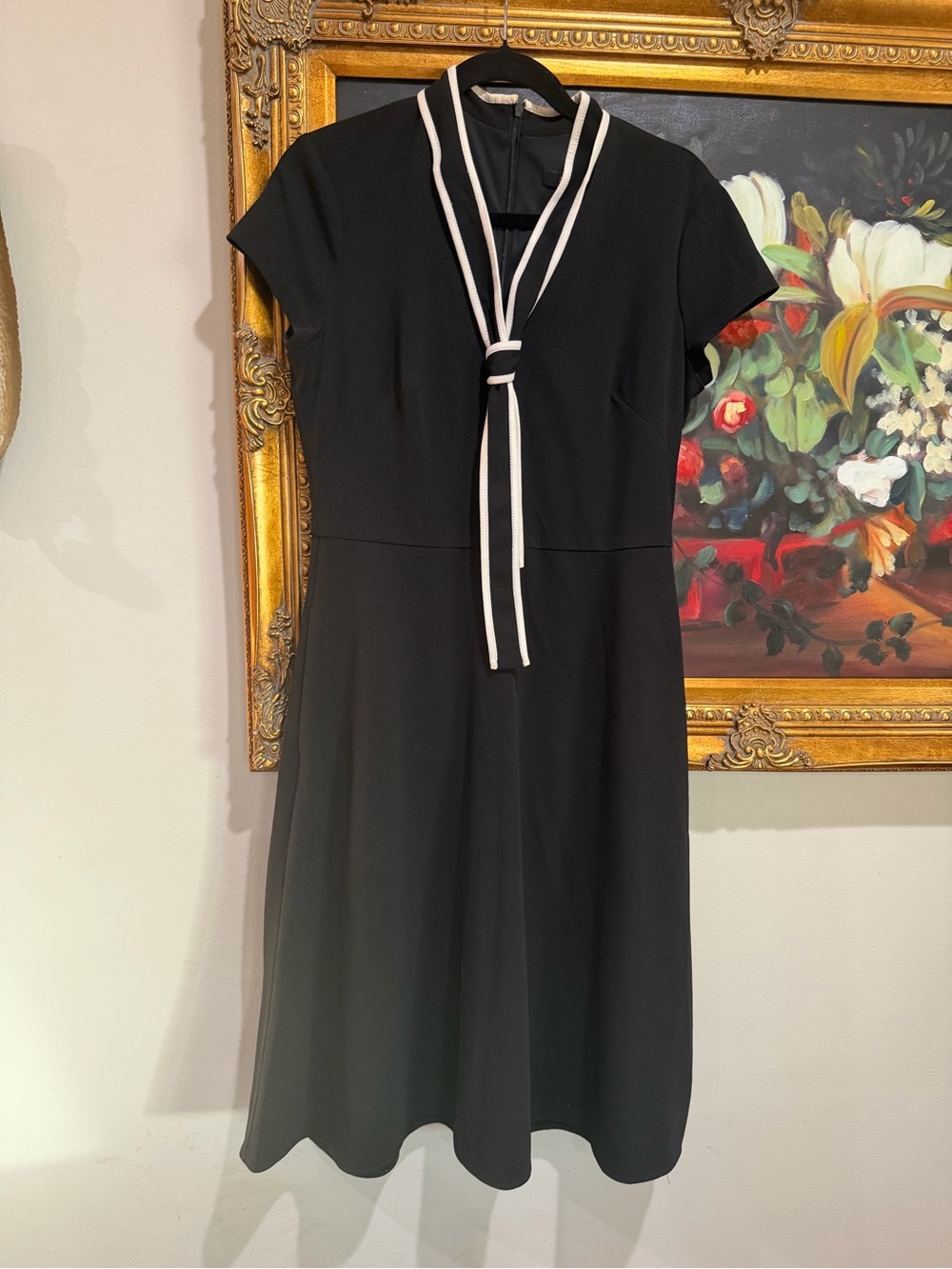 Black Midi Dress with Contrast Tie-Neck